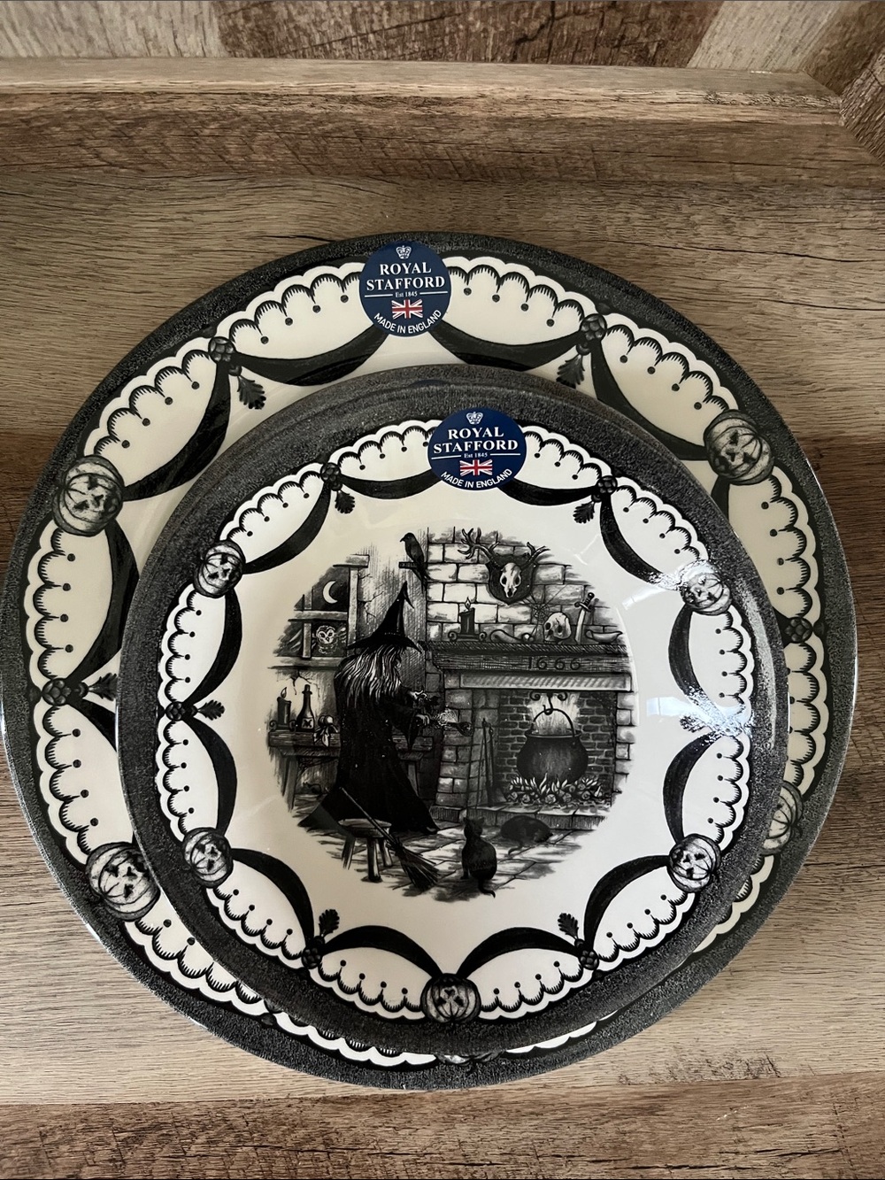 3—Royal Stafford Set Black and White Decorative Plates/bowl with Fireplace Scene